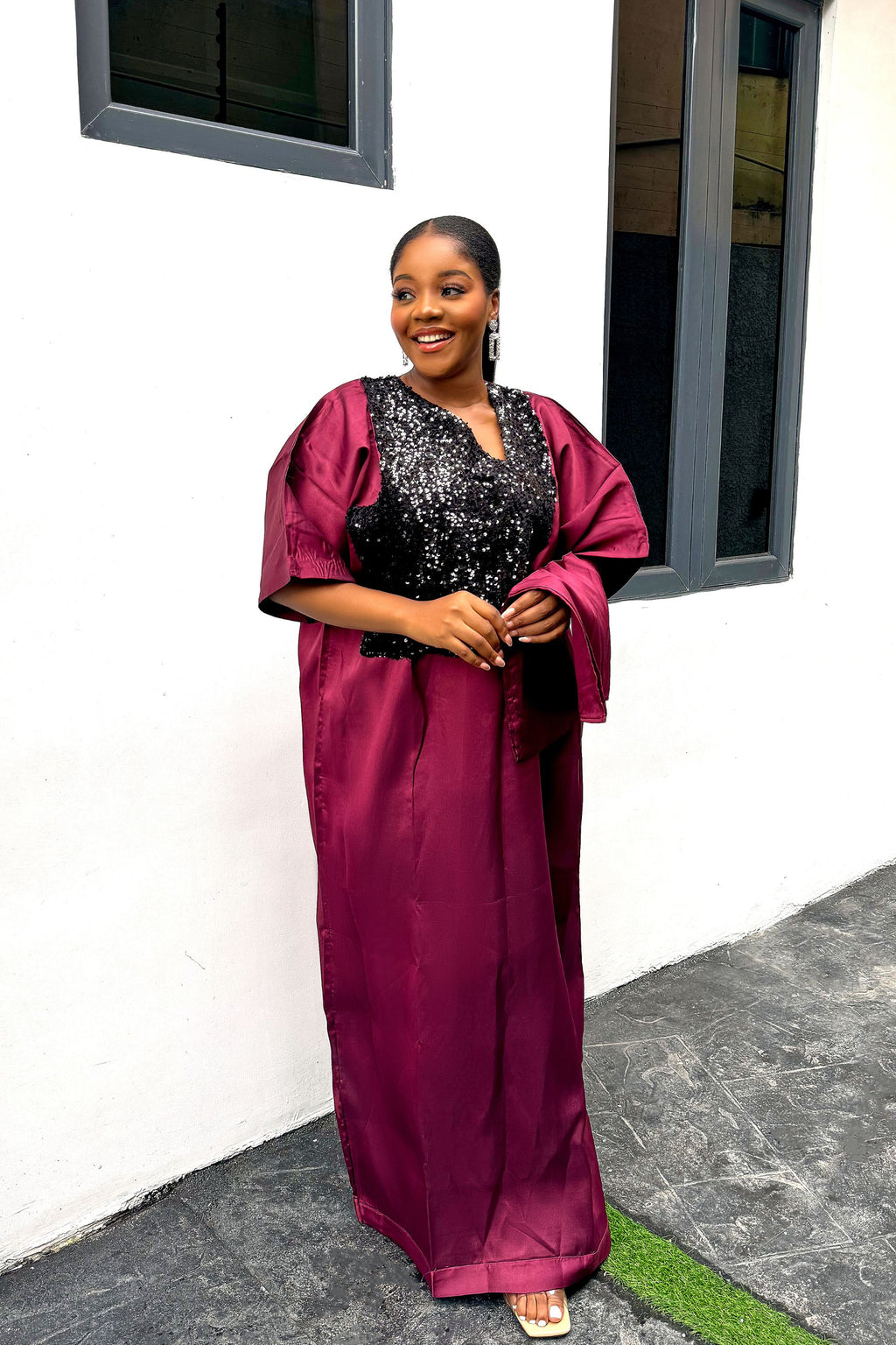 Burgundy Sequin Mikado Silk Bubu: African Kaftan with Scarf