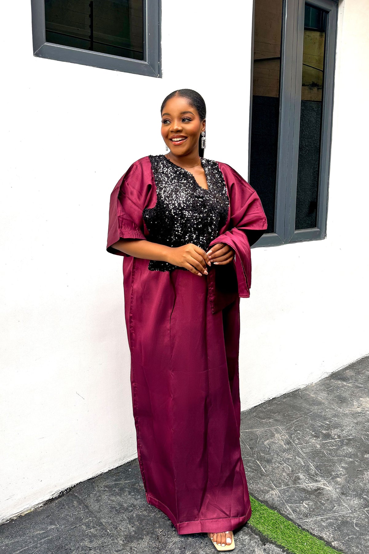 Burgundy Sequin Mikado Silk Bubu: African Kaftan with Scarf