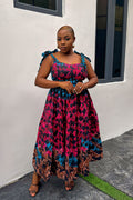 Eme Midi Dress – African Print Pleated Midi Dress with Tie-Up Sleeves & Built-In Bust Support
