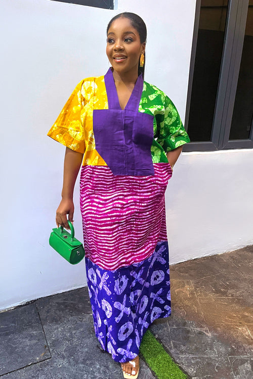 Adire Batik Tye Die Inspired Ankara Maxi Kaftan Dress: African Bubu Dress plus Aso Oke