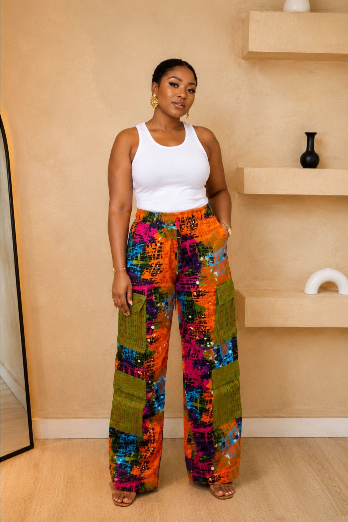 Mofe Vibrant Ankara Straight Leg Pants with Aso Oke Cargo Pockets