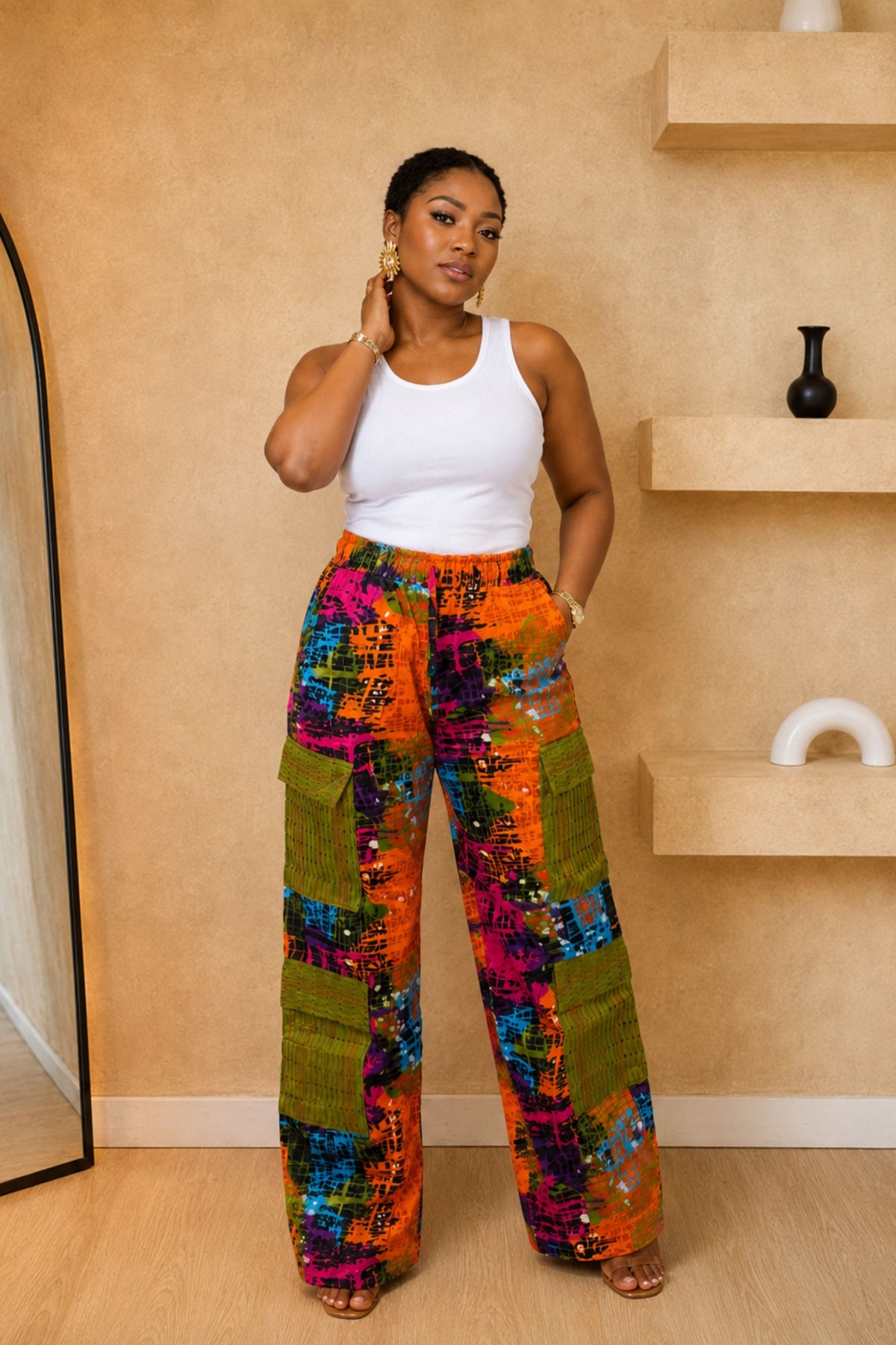 Mofe Vibrant Ankara Straight Leg Pants with Aso Oke Cargo Pockets