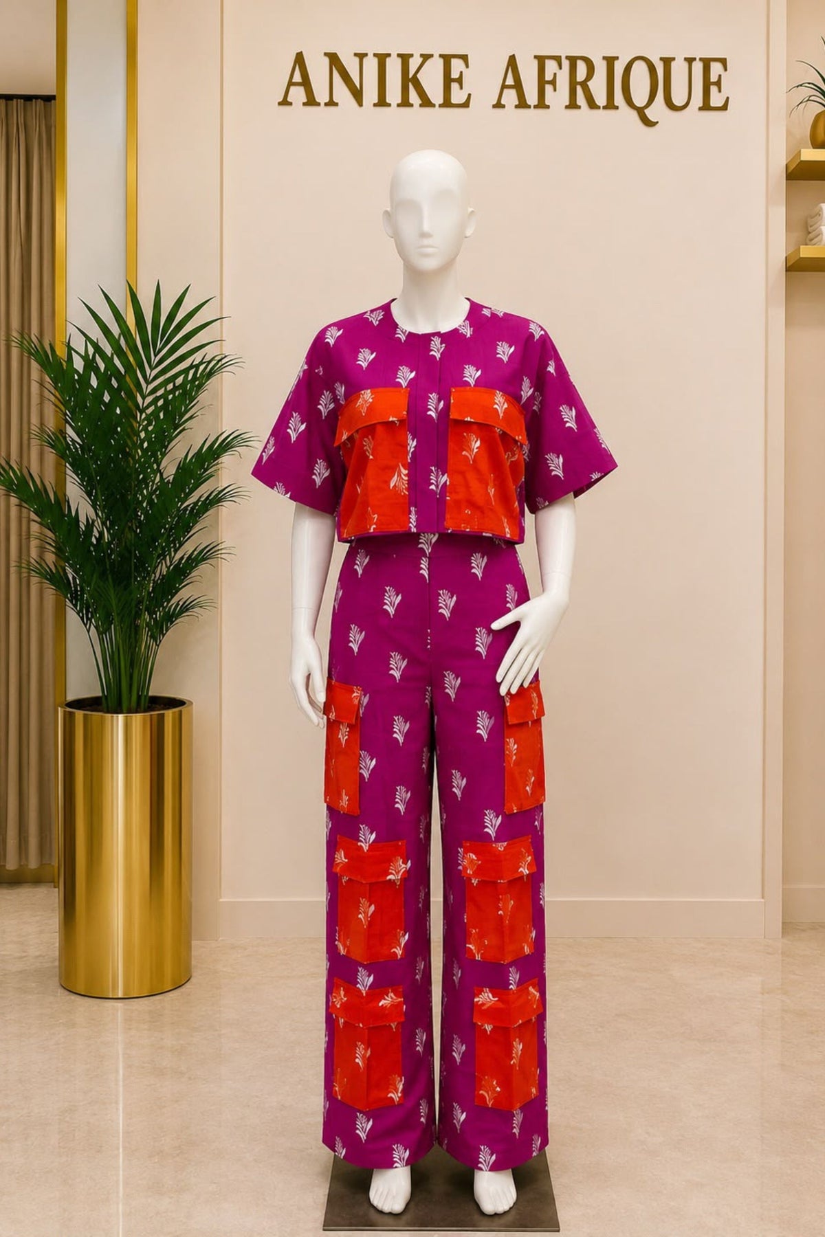Multi Pockets Cargo Pant Set In Fuschia