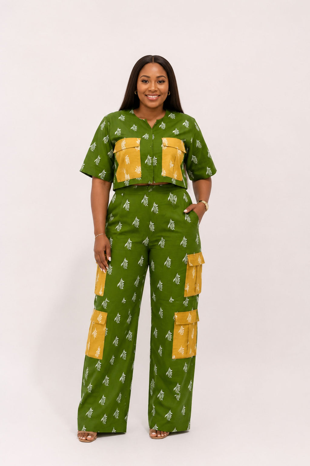 Multi Pockets Cargo Pant Set In Olive