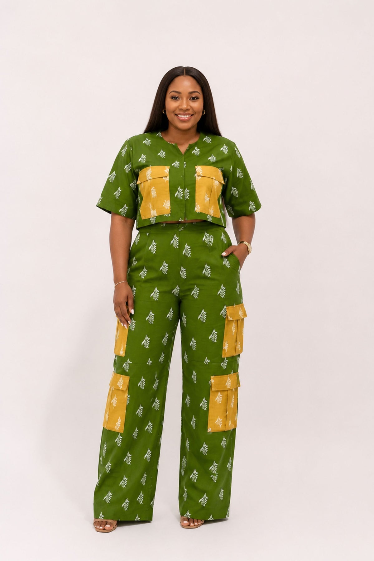Multi Pockets Cargo Pant Set In Olive