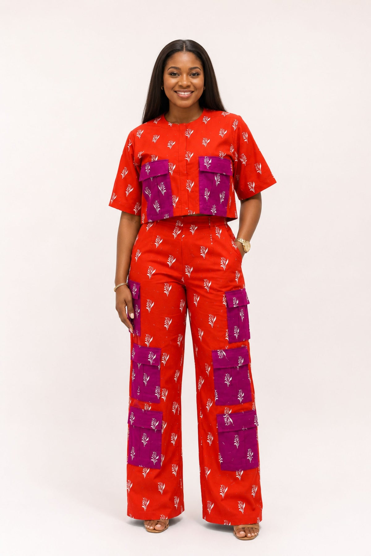 Multi Pockets Cargo Pant Set In Orange