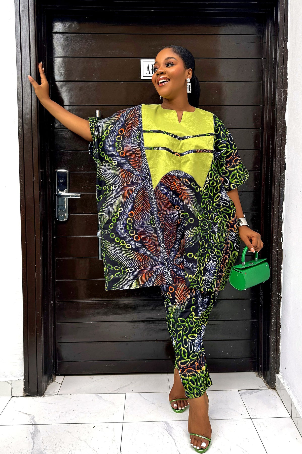 Asunke Agbada Two Piece Set in Lemon Green