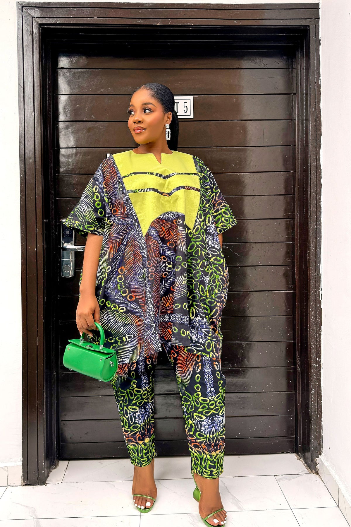 Asunke Agbada Two Piece Set in Lemon Green