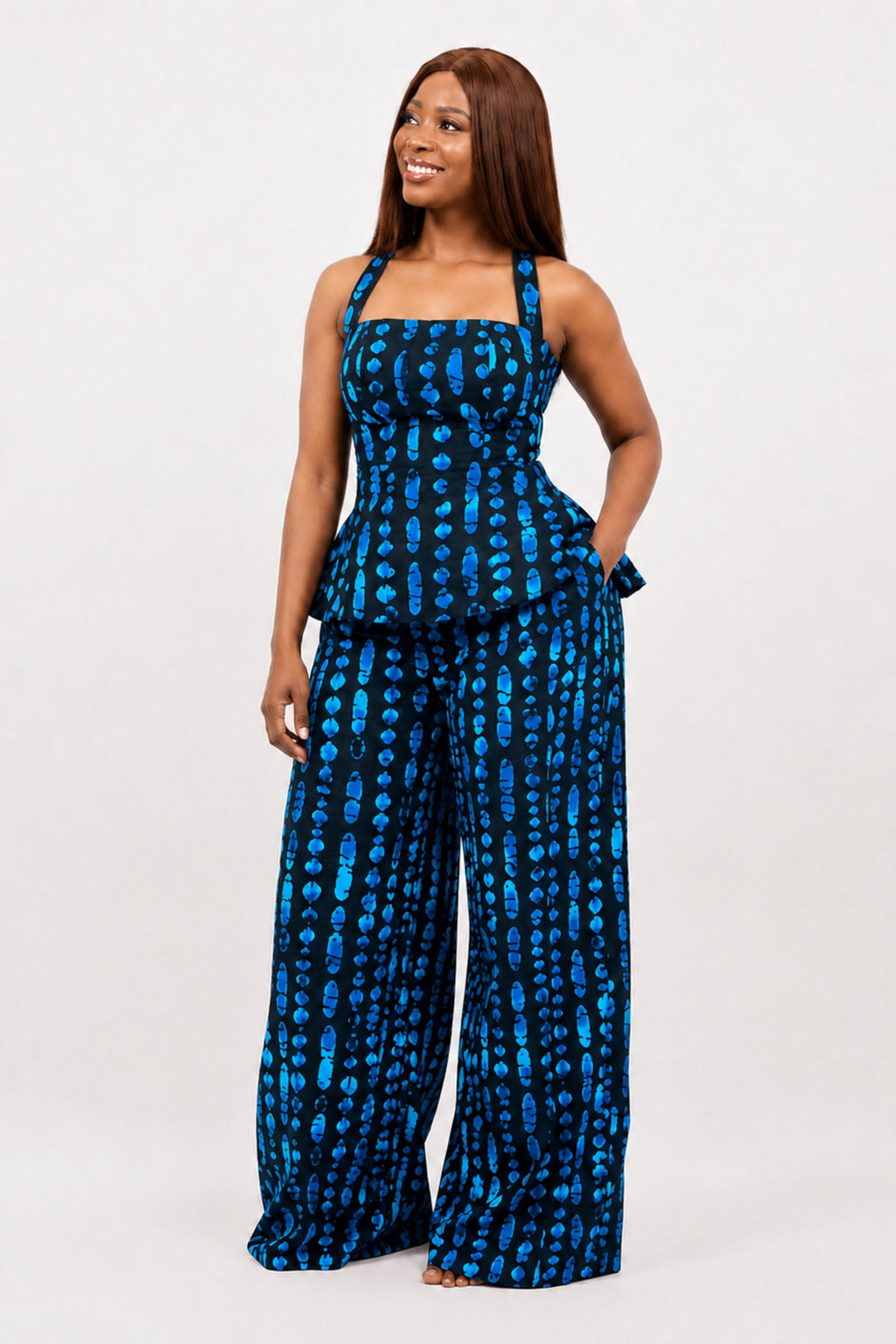 Jade Alterneck Top & Pleated Pant Set In Blue