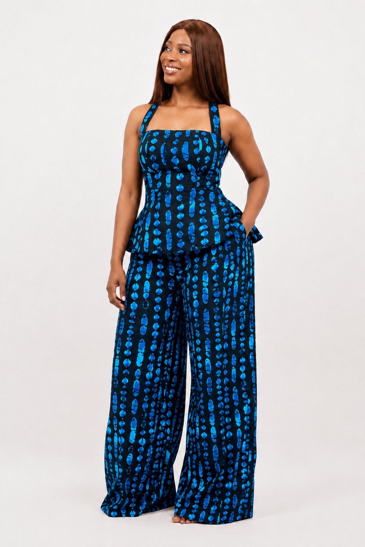 Jade Alterneck Top & Pleated Pant Set In Blue