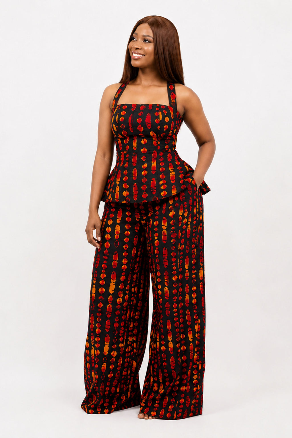 Jade Alterneck Top & Pleated Pant Set In Orange
