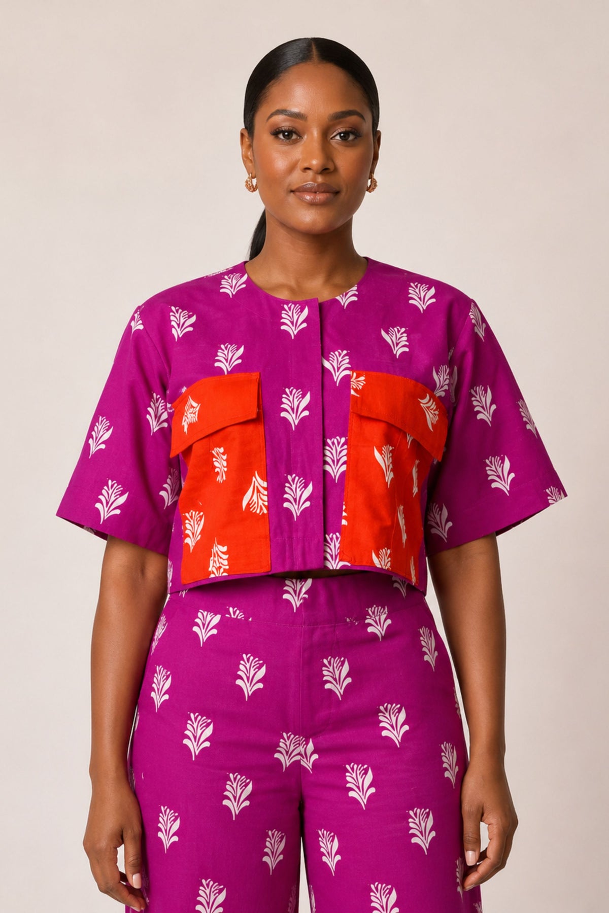 Multi Pockets Cargo Pant Set In Fuschia