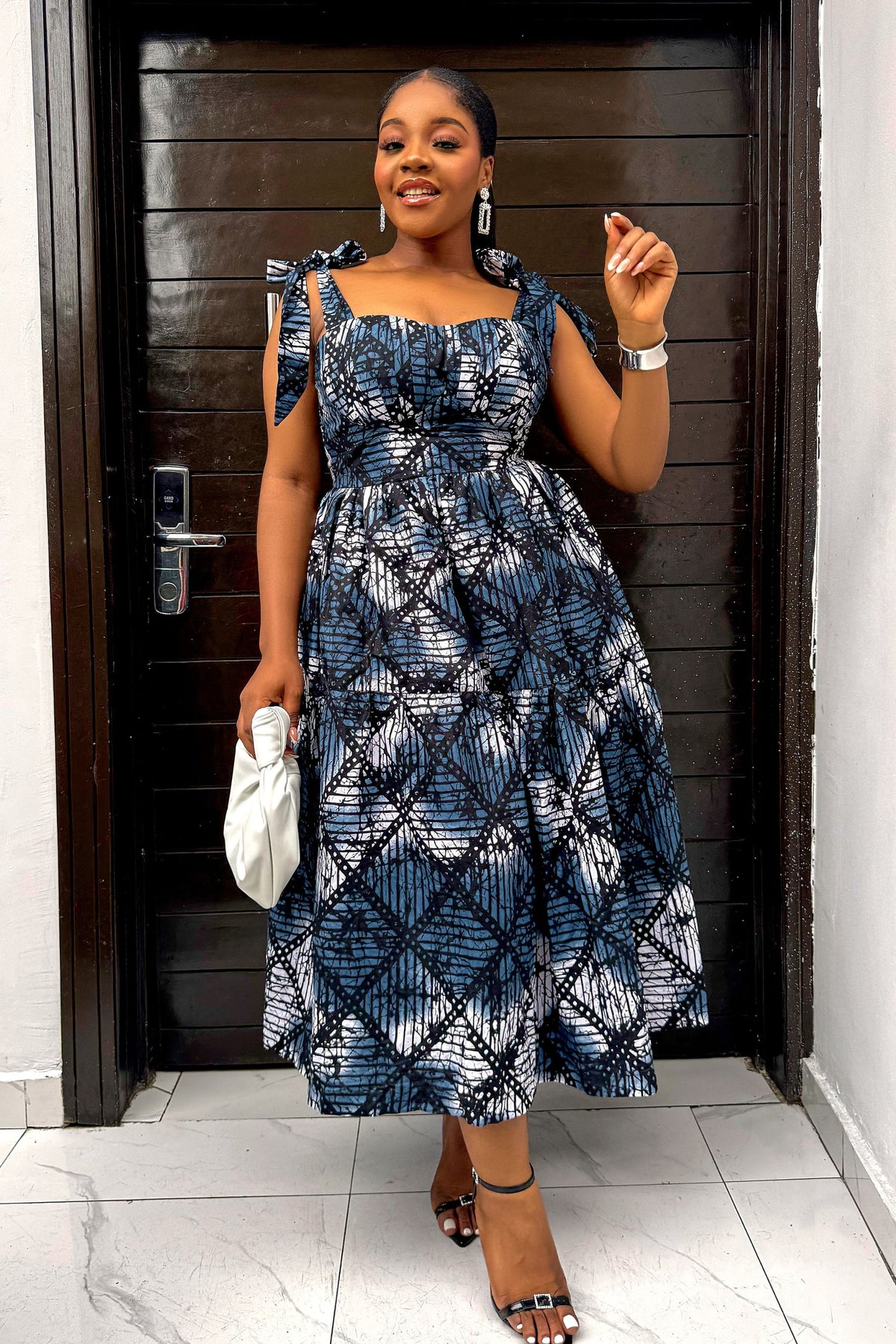 Eme Midi Dress – African Print Pleated Midi Dress with Tie-Up Sleeves & Built-In Bust Support