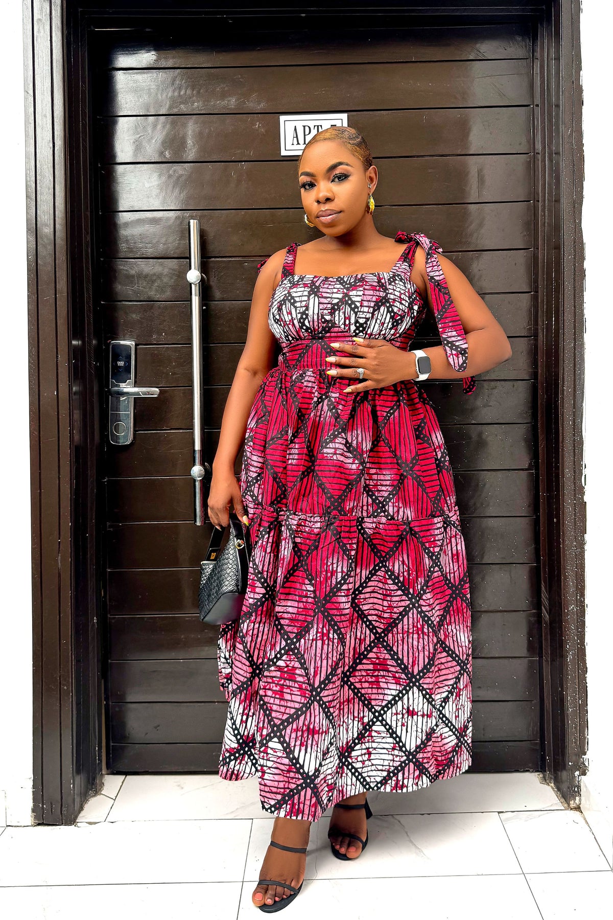 Eme Midi Dress – African Print Pleated Midi Dress with Tie-Up Sleeves & Built-In Bust Support