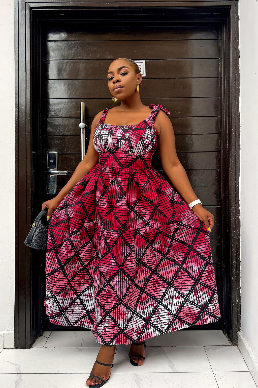 Eme Midi Dress – African Print Pleated Midi Dress with Tie-Up Sleeves & Built-In Bust Support