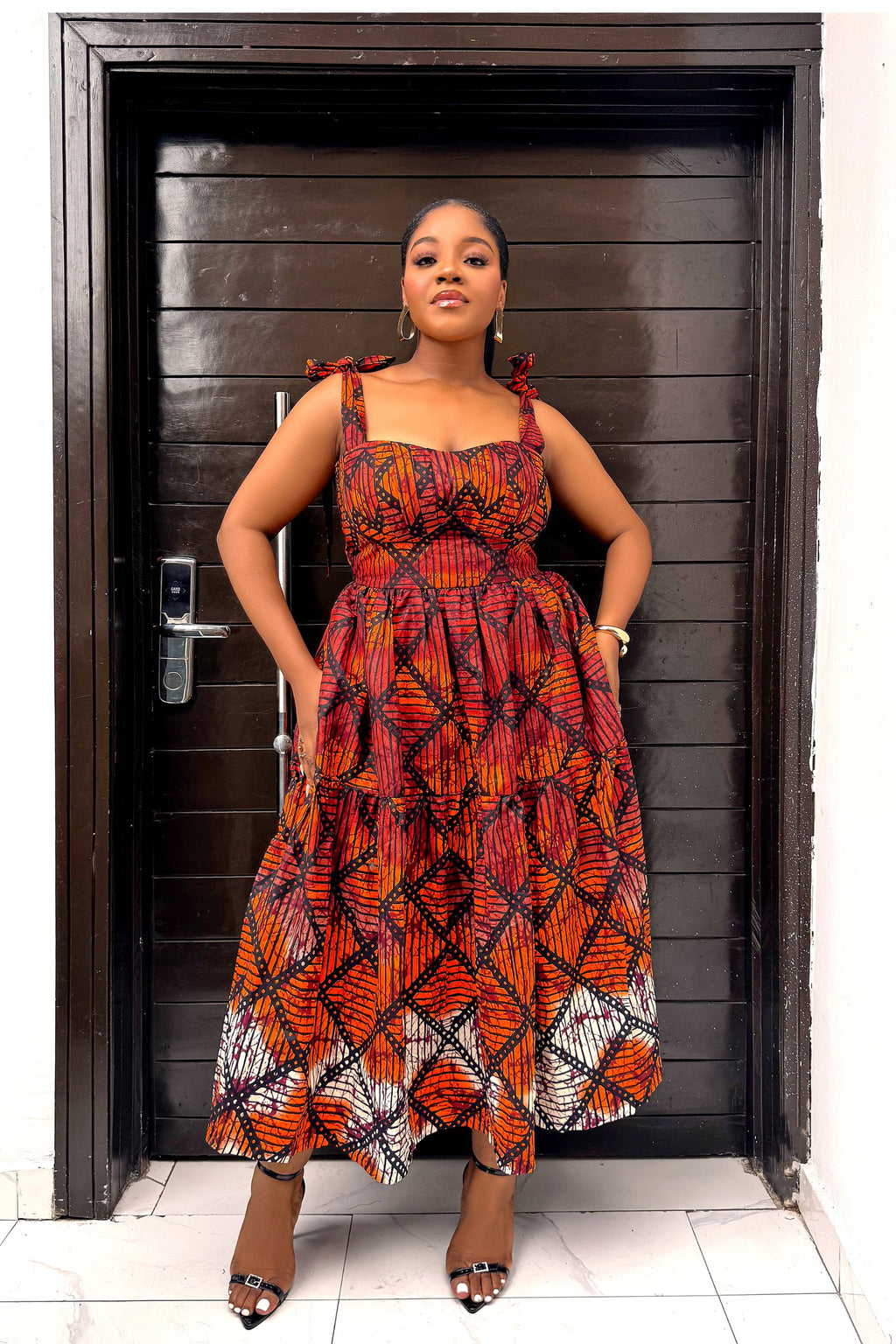 Eme Midi Dress – African Print Pleated Midi Dress with Tie-Up Sleeves & Built-In Bust Support