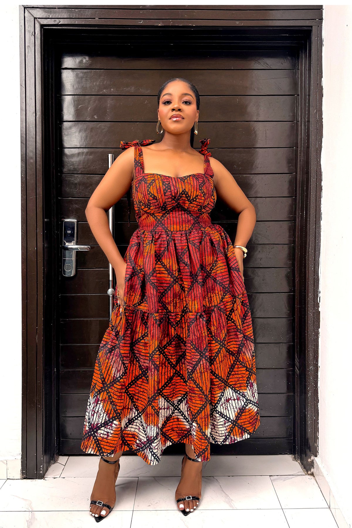 Eme Midi Dress – African Print Pleated Midi Dress with Tie-Up Sleeves & Built-In Bust Support