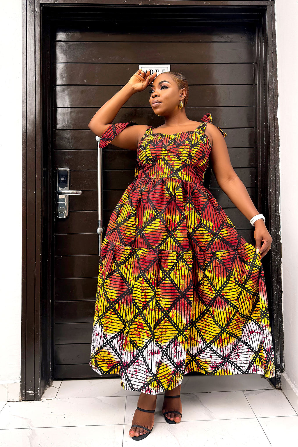 Eme Midi Dress – African Print Double-Layer Pleated Midi Dress with Built-In Bust Support