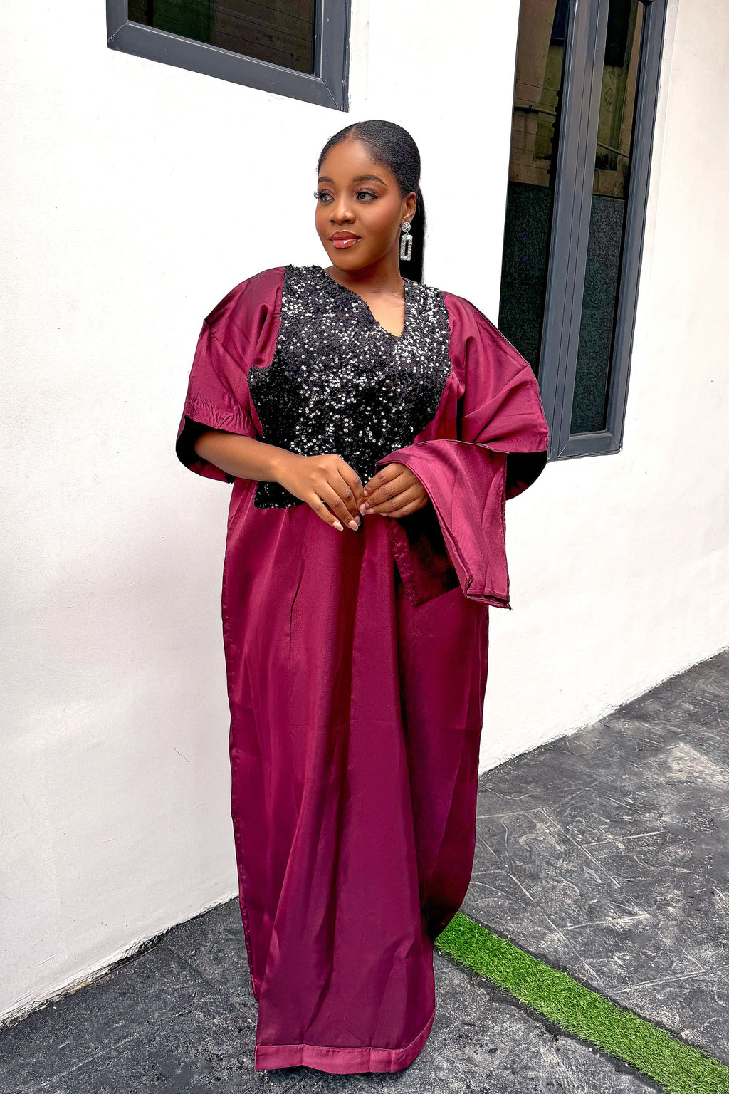 Burgundy Sequin Mikado Silk Bubu: African Kaftan with Scarf