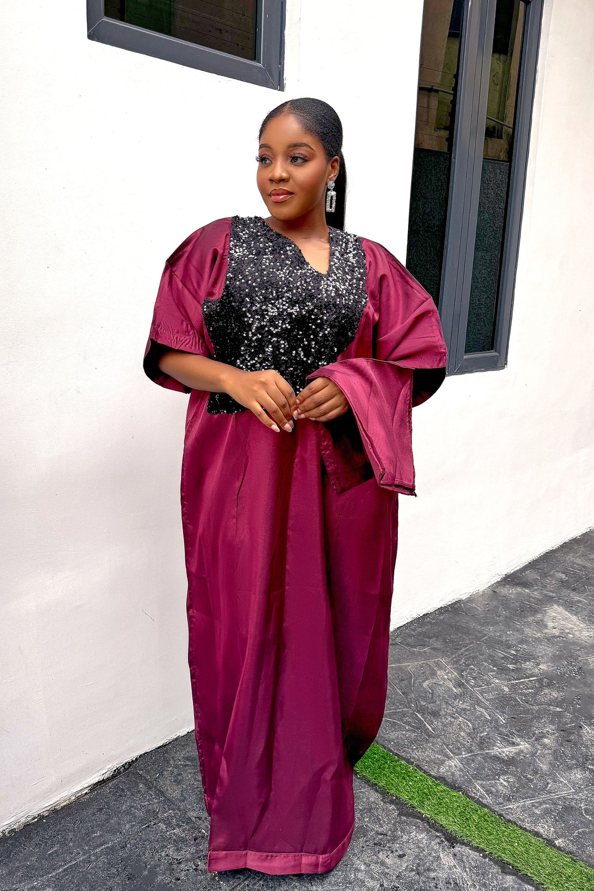 Burgundy Sequin Mikado Silk Bubu: African Kaftan with Scarf