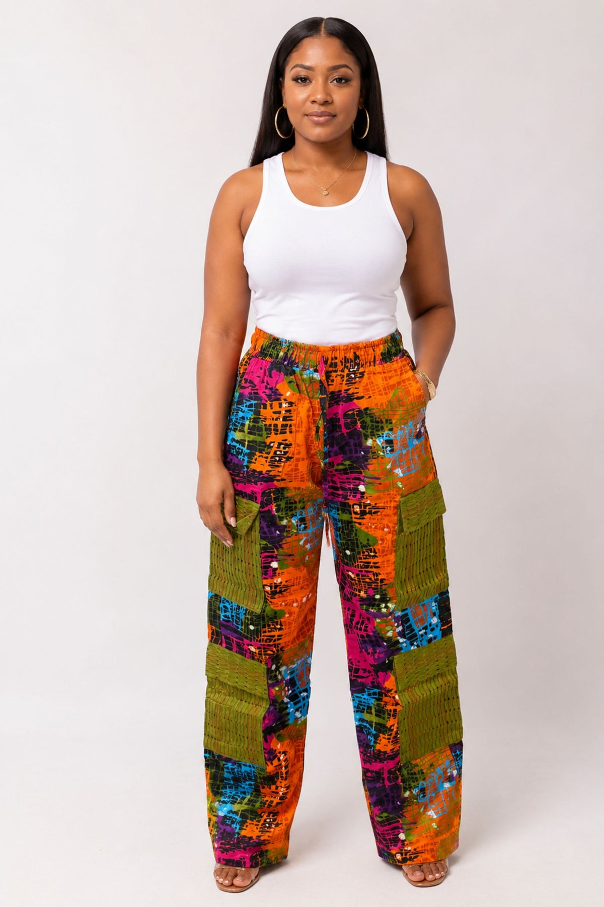 Mofe Vibrant Ankara Straight Leg Pants with Aso Oke Cargo Pockets